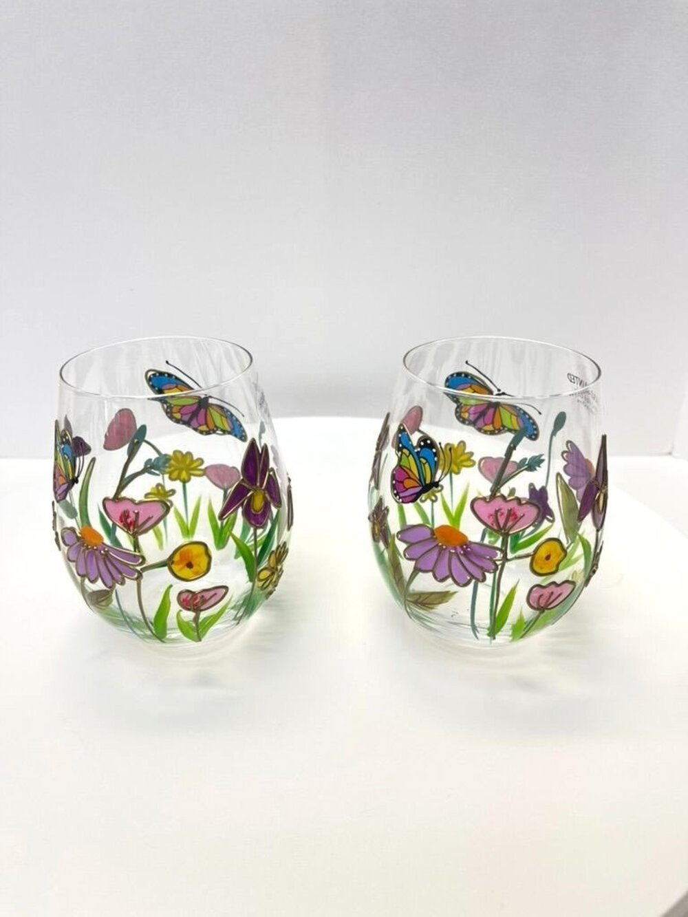 Set 2 Hand Painted Floral Butterfly Stemless Wine Glasses - Picture 4 of 7
